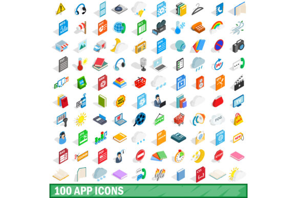 100 App Icons Set, Isometric 3d Style
