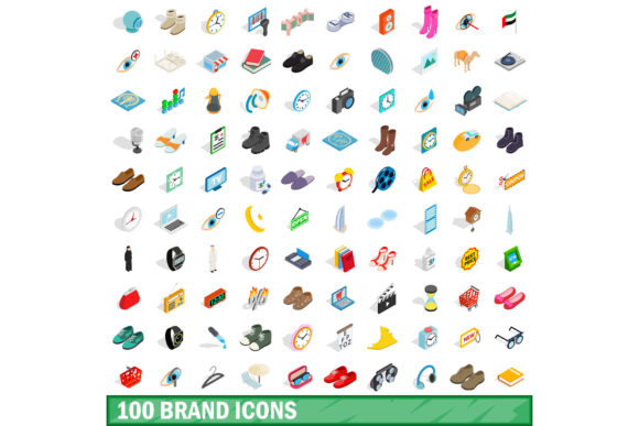 100 Brand Icons Set, Isometric 3d Style