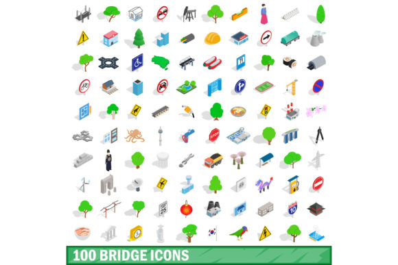 100 Bridge Icons Set, Isometric 3d Style