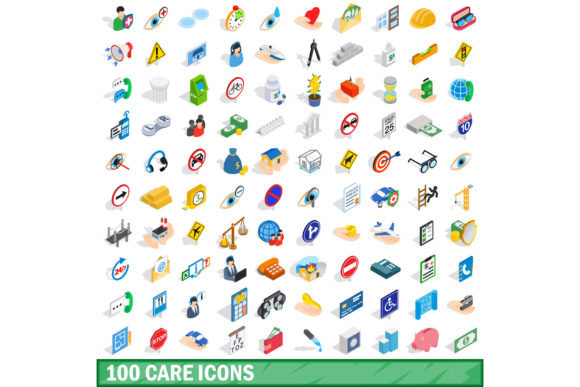100 Care Icons Set, Isometric 3d Style
