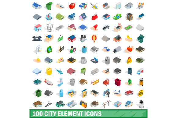 100 City Element Icons Set, Isometric 3d