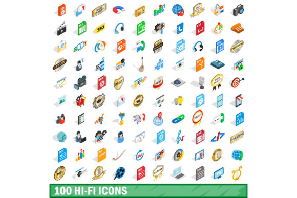 100 Hi-fi Icons Set, Isometric 3d Style