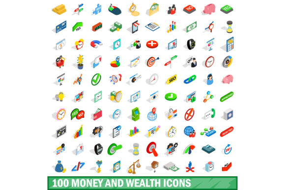 100 Money Wealth Icons Set, Isometric 3d
