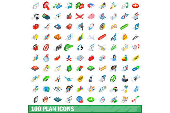 100 Plan Icons Set, Isometric 3d Style