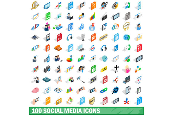 100 Social Media Icons Set, Isometric 3d