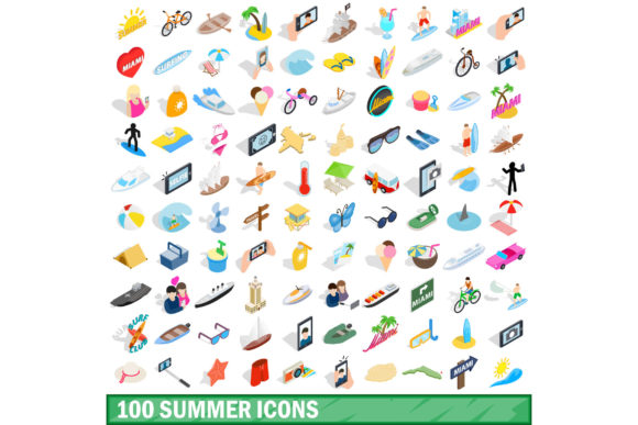 100 Summer Icons Set, Isometric 3d Style