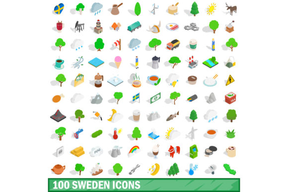 100 Sweden Icons Set, Isometric 3d Style