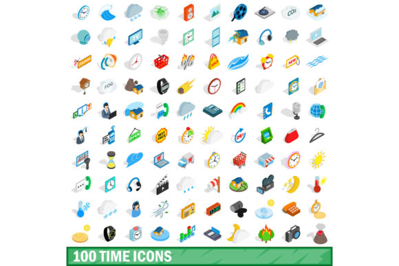 100 Time Icons Set, Isometric 3d Style